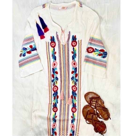 Boutique Dresses & Skirts - Floral Embroidered Dress Tassels Maxi Kaftan Linen Colorful Boho